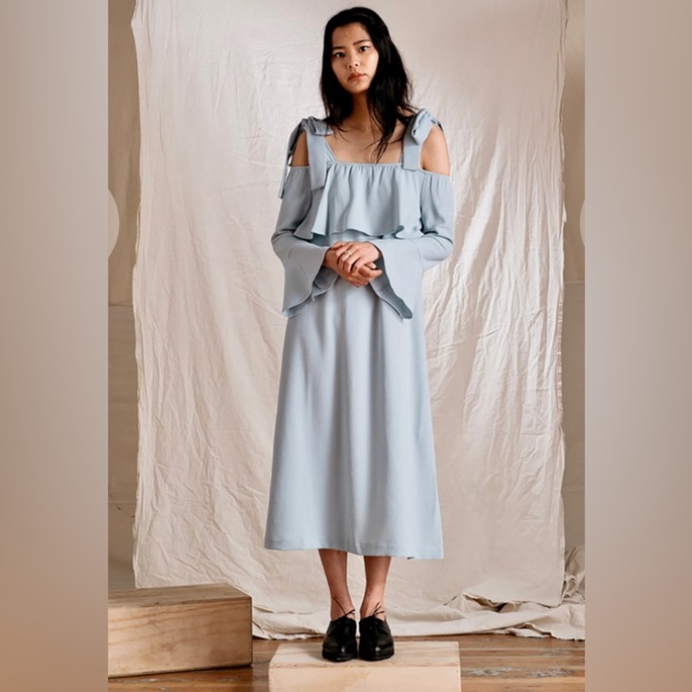Ganni Clark Cold Shoulder Bell Sleeves Dress in Sterling Blue, size 4